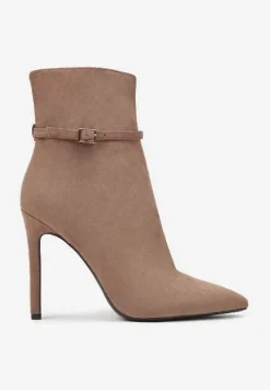 Ciemnobeżowe Botki na Szpilce Ozdobione Paskami z Klamrami Wionesa