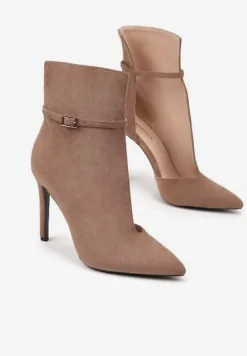 Ciemnobeżowe Botki na Szpilce Ozdobione Paskami z Klamrami Wionesa