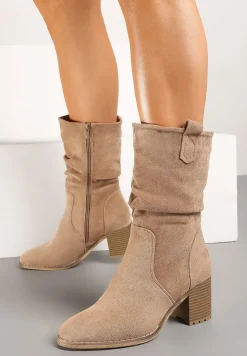 Ciemnobeżowe Botki o Fasonie Kowbojek z Marszczoną Cholewką za Kostkę Alfzara