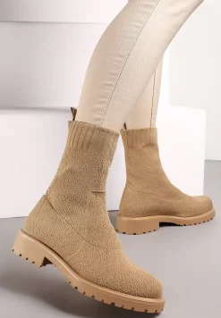 Ciemnobeżowe Botki Sztyblety ze Skarpetkową Cholewką Bercella