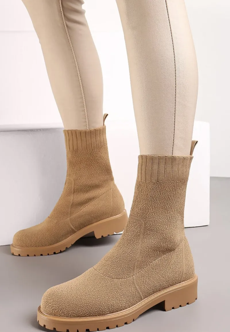 Ciemnobeżowe Botki Sztyblety ze Skarpetkową Cholewką Bercella