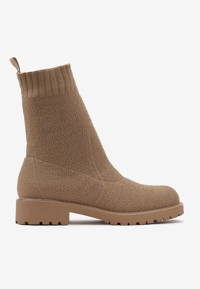 Ciemnobeżowe Botki Sztyblety ze Skarpetkową Cholewką Bercella