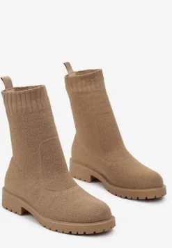 Ciemnobeżowe Botki Sztyblety ze Skarpetkową Cholewką Bercella