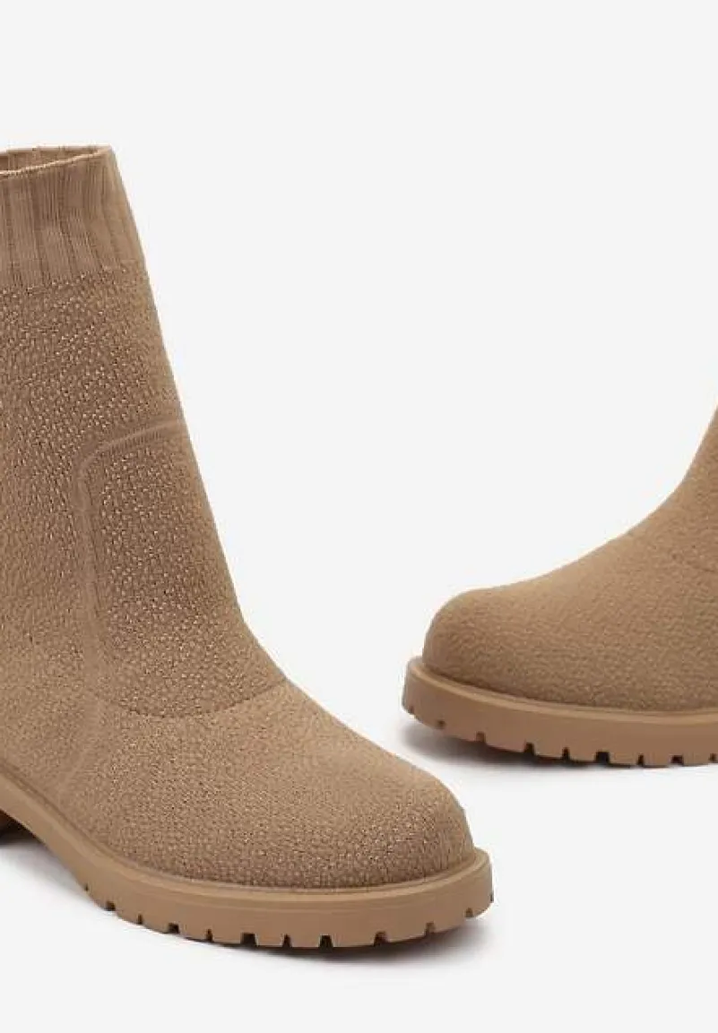 Ciemnobeżowe Botki Sztyblety ze Skarpetkową Cholewką Bercella
