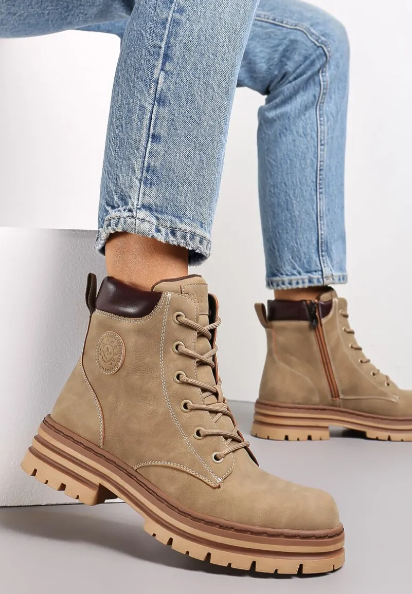 Ciemnobeżowe Botki Trapery na Stabilnej Podeszwie z Protektorem Davikkesa