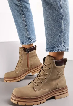 Ciemnobeżowe Botki Trapery na Stabilnej Podeszwie z Protektorem Davikkesa