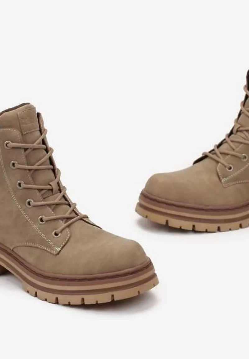 Ciemnobeżowe Botki Trapery na Stabilnej Podeszwie z Protektorem Davikkesa