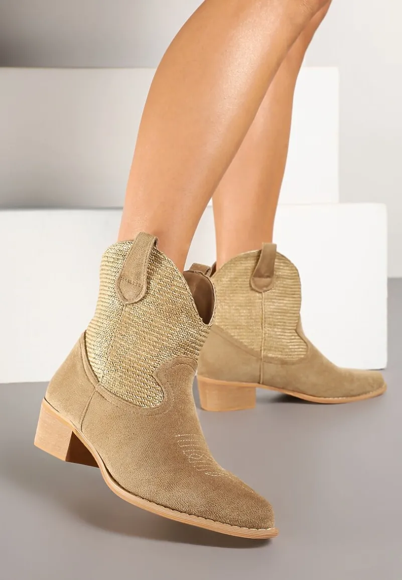 Ciemnobeżowe Botki Typu Kowbojki na Niskim Obcasie Elearisha