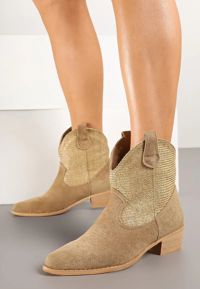 Ciemnobeżowe Botki Typu Kowbojki na Niskim Obcasie Elearisha