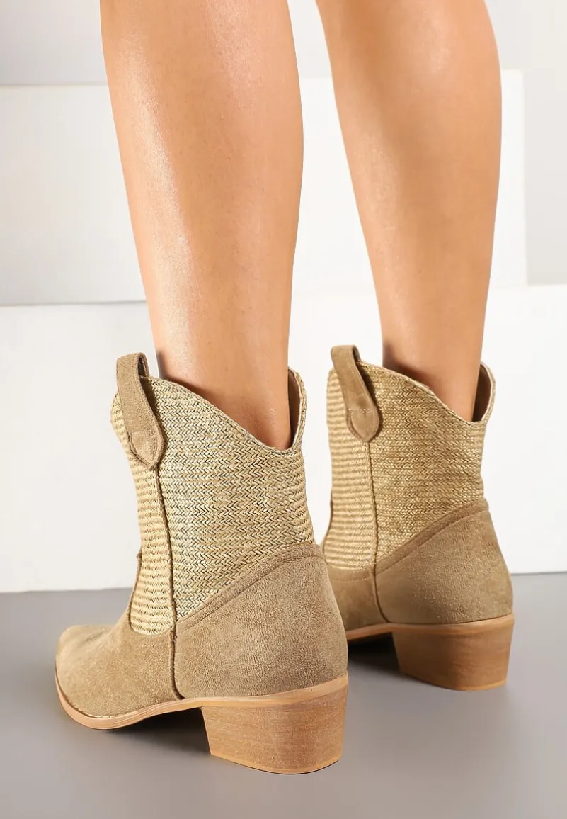 Ciemnobeżowe Botki Typu Kowbojki na Niskim Obcasie Elearisha