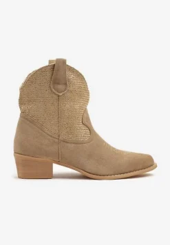 Ciemnobeżowe Botki Typu Kowbojki na Niskim Obcasie Elearisha