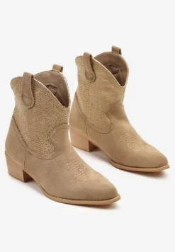 Ciemnobeżowe Botki Typu Kowbojki na Niskim Obcasie Elearisha