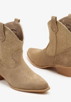 Ciemnobeżowe Botki Typu Kowbojki na Niskim Obcasie Elearisha