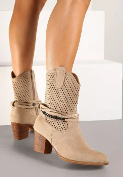 Ciemnobeżowe Botki Vices na Słupku w Stylu Kowbojek z Ażurową Cholewką i Paskami Tulifedi