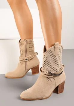 Ciemnobeżowe Botki Vices na Słupku w Stylu Kowbojek z Ażurową Cholewką i Paskami Tulifedi