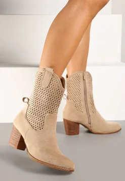 Ciemnobeżowe Botki Vices na Słupku w Stylu Kowbojek z Ażurową Cholewką i Paskami Tulifedi