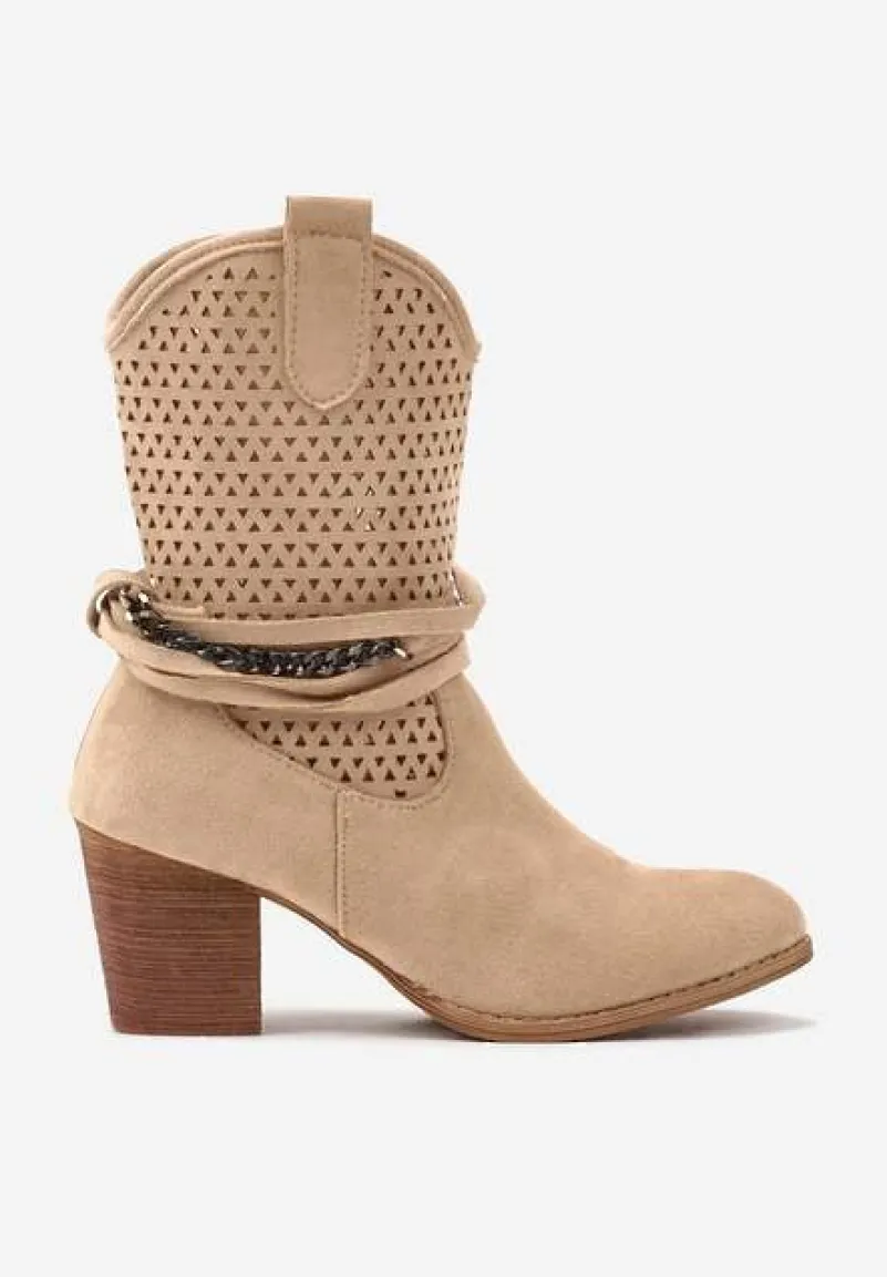 Ciemnobeżowe Botki Vices na Słupku w Stylu Kowbojek z Ażurową Cholewką i Paskami Tulifedi