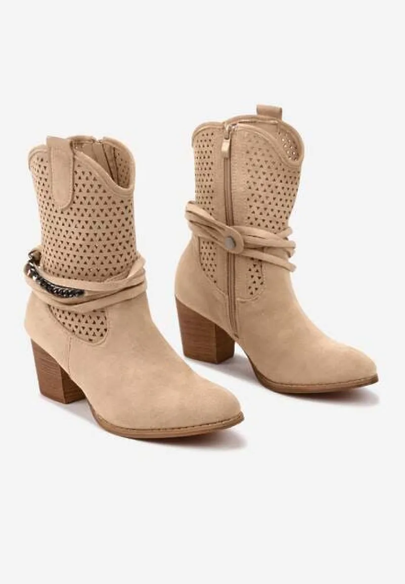 Ciemnobeżowe Botki Vices na Słupku w Stylu Kowbojek z Ażurową Cholewką i Paskami Tulifedi