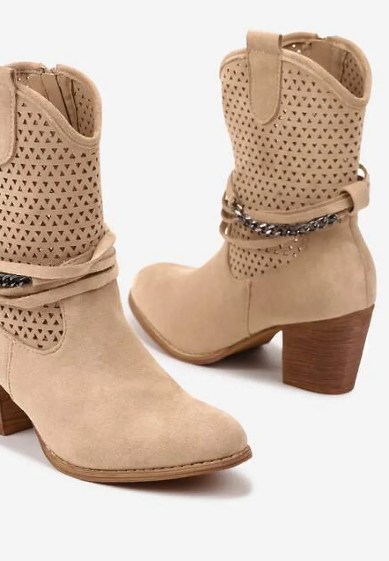 Ciemnobeżowe Botki Vices na Słupku w Stylu Kowbojek z Ażurową Cholewką i Paskami Tulifedi