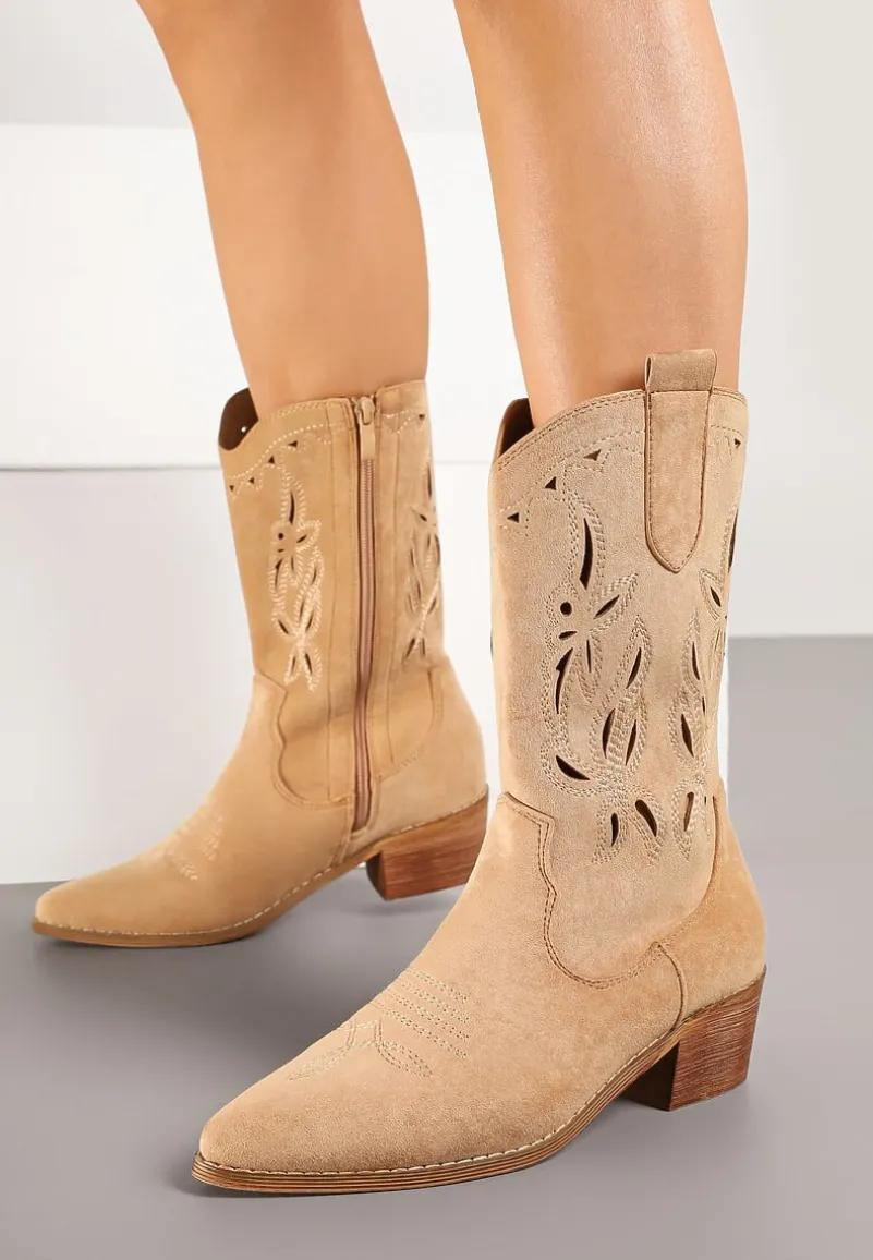 Ciemnobeżowe Botki Vices na Słupku Kowbojki z Ażurową Cholewką Rivori
