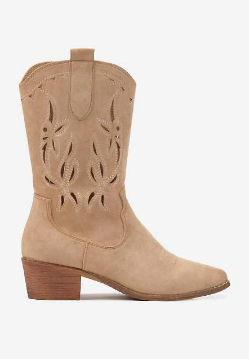 Ciemnobeżowe Botki Vices na Słupku Kowbojki z Ażurową Cholewką Rivori