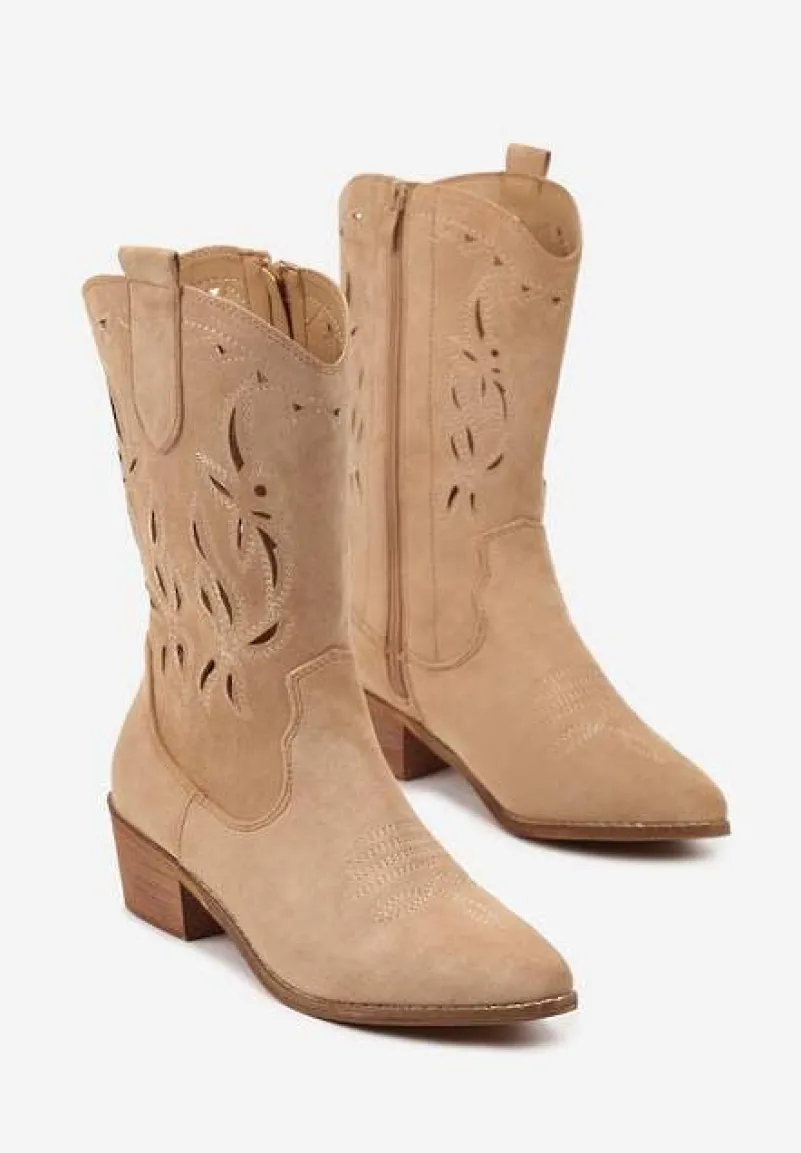 Ciemnobeżowe Botki Vices na Słupku Kowbojki z Ażurową Cholewką Rivori