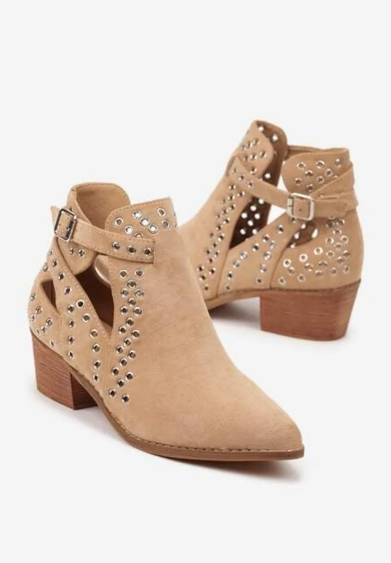 Ciemnobeżowe Botki Vices na Słupku w Stylu Kowbojek z Metalicznymi Aplikacjami i Wycięciami Virori