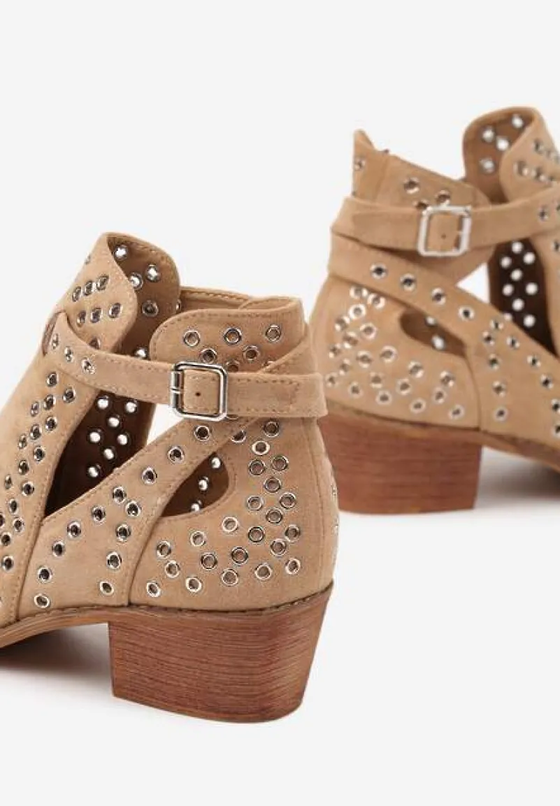 Ciemnobeżowe Botki Vices na Słupku w Stylu Kowbojek z Metalicznymi Aplikacjami i Wycięciami Virori