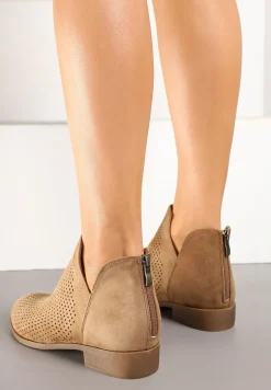 Ciemnobeżowe Botki Vices na Płaskiej Podeszwie Ozdobione Wycięciem Felirwen