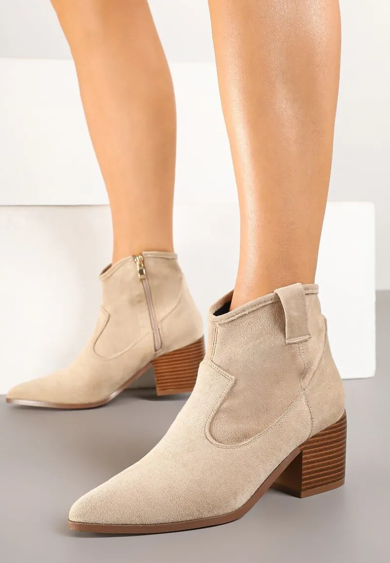 Ciemnobeżowe Botki Vices w Stylu Kowbojek na Obcasie Vertige