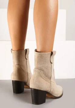 Ciemnobeżowe Botki Vices w Stylu Kowbojek na Słupku Velfedi