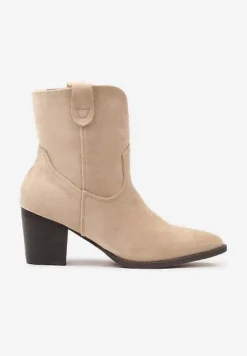 Ciemnobeżowe Botki Vices w Stylu Kowbojek na Słupku Velfedi
