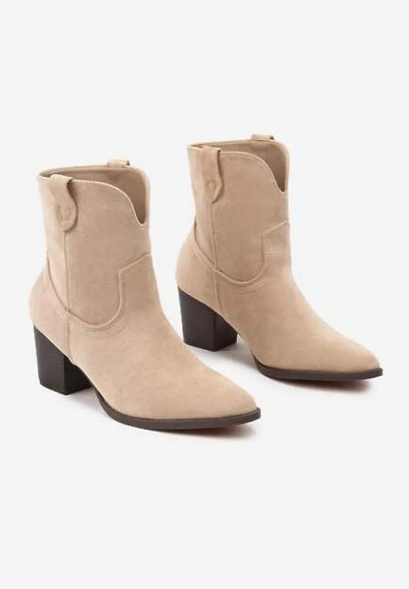 Ciemnobeżowe Botki Vices w Stylu Kowbojek na Słupku Velfedi