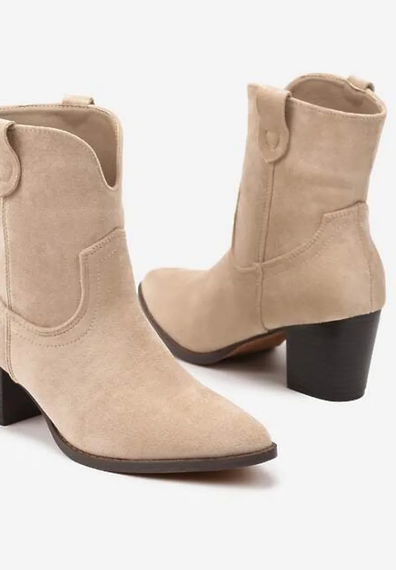 Ciemnobeżowe Botki Vices w Stylu Kowbojek na Słupku Velfedi