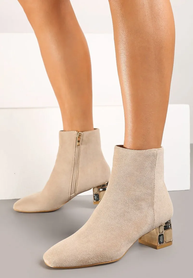 Ciemnobeżowe Botki Vices z Kryształkami na Obcasie Vortisha