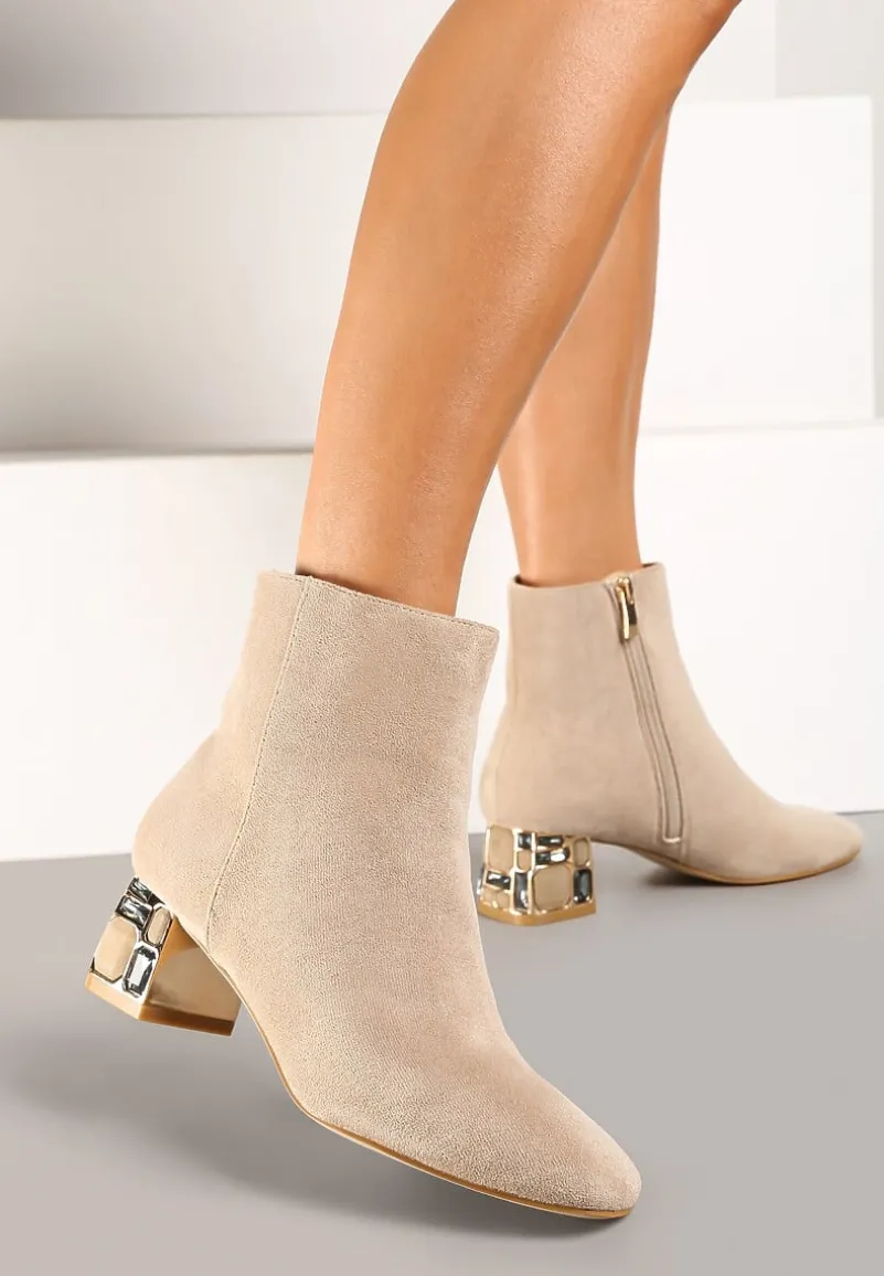 Ciemnobeżowe Botki Vices z Kryształkami na Obcasie Vortisha