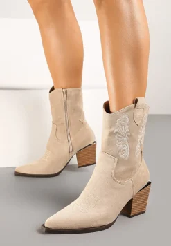 Ciemnobeżowe Botki w Stylu Kowbojek Vices na Stożku Ozdobione Haftem Xalfedi