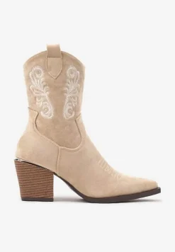 Ciemnobeżowe Botki w Stylu Kowbojek Vices na Stożku Ozdobione Haftem Xalfedi