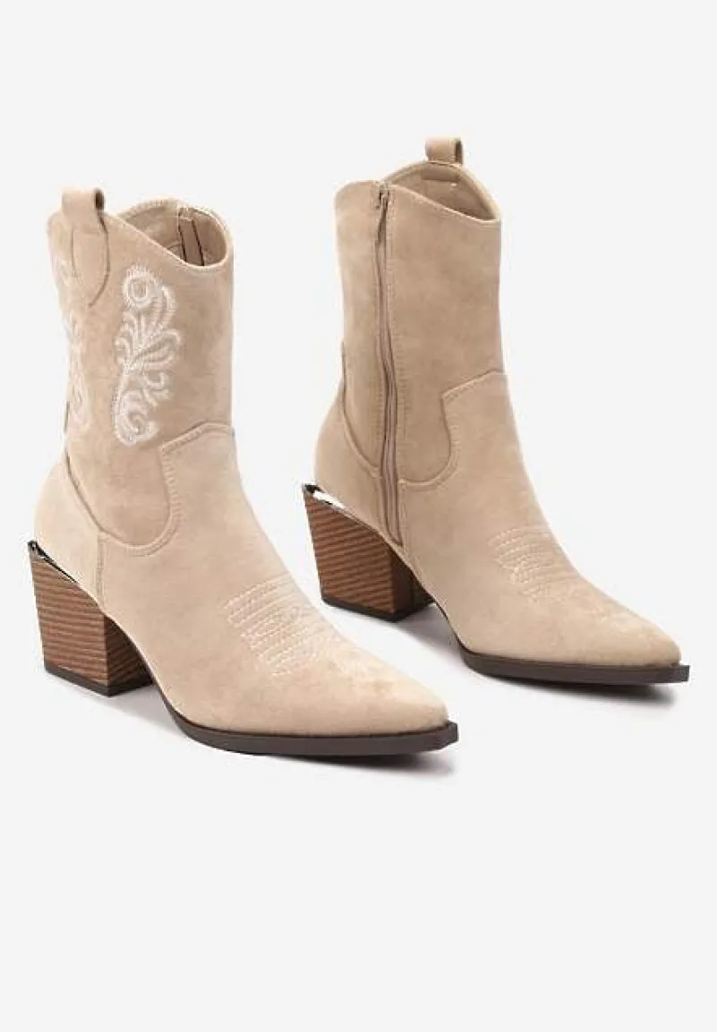 Ciemnobeżowe Botki w Stylu Kowbojek Vices na Stożku Ozdobione Haftem Xalfedi
