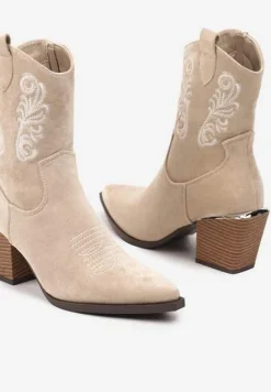 Ciemnobeżowe Botki w Stylu Kowbojek Vices na Stożku Ozdobione Haftem Xalfedi