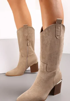 Ciemnobeżowe Botki w Stylu Kowbojek na Obcasie z Długą Cholewką Mabilla