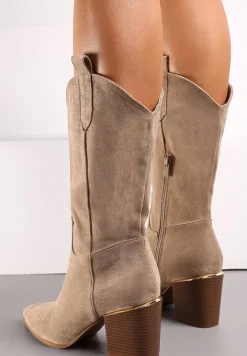 Ciemnobeżowe Botki w Stylu Kowbojek na Obcasie z Długą Cholewką Mabilla