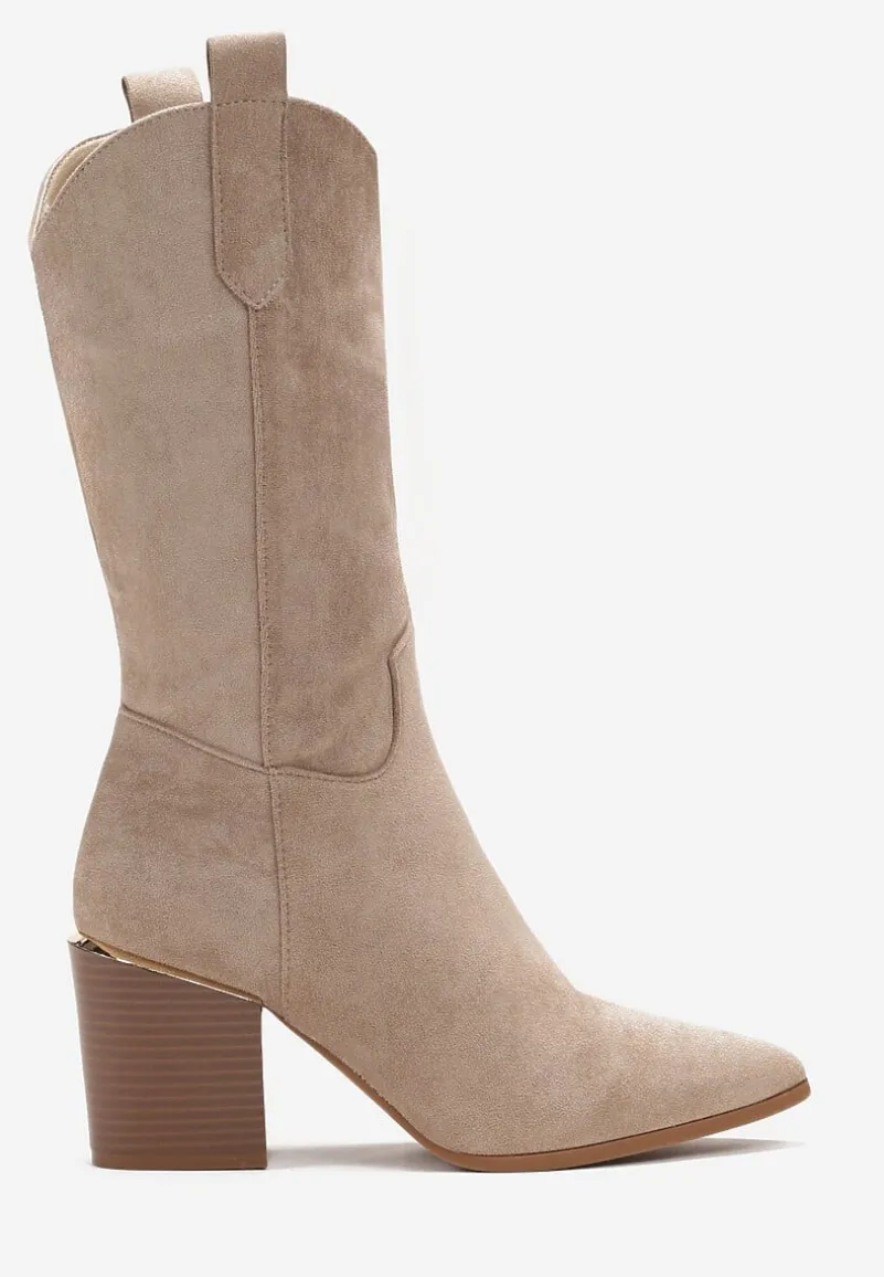 Ciemnobeżowe Botki w Stylu Kowbojek na Obcasie z Długą Cholewką Mabilla