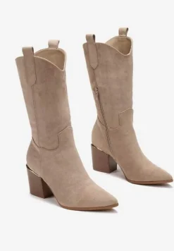 Ciemnobeżowe Botki w Stylu Kowbojek na Obcasie z Długą Cholewką Mabilla