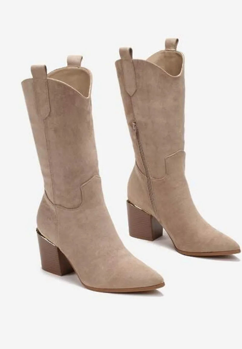 Ciemnobeżowe Botki w Stylu Kowbojek na Obcasie z Długą Cholewką Mabilla