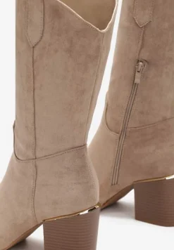 Ciemnobeżowe Botki w Stylu Kowbojek na Obcasie z Długą Cholewką Mabilla