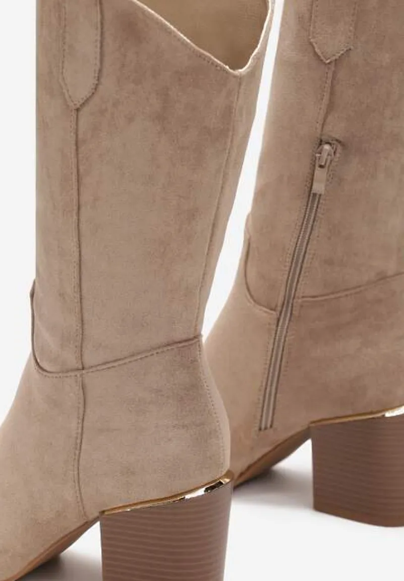 Ciemnobeżowe Botki w Stylu Kowbojek na Obcasie z Długą Cholewką Mabilla