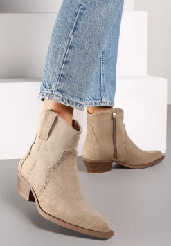 Ciemnobeżowe Botki w stylu Kowbojek z Ekozamszu i Szpiczastym Noskiem Nevelara