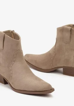 Ciemnobeżowe Botki w stylu Kowbojek z Ekozamszu i Szpiczastym Noskiem Nevelara