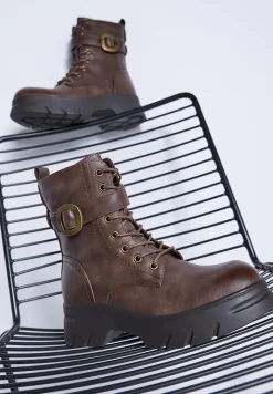 Ciemnobeżowe Botki w Stylu Workerów na Grubej Podeszwie Berimona